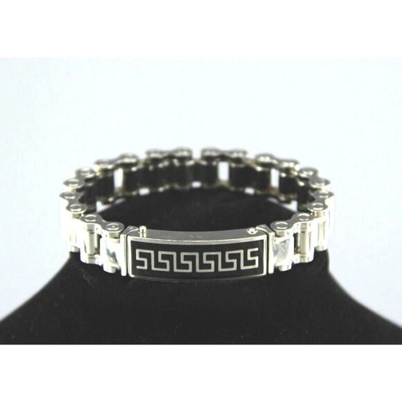 Stainless Steel Bicycle Chain MENS BRACELET Black Onyx Silver Inlay Greek Key - Picture 2 of 10